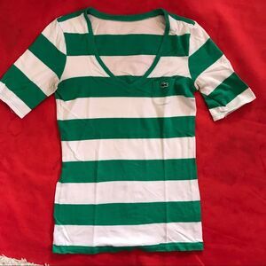 Lacoste Women's Green and White Striped Short Sleeve Tee